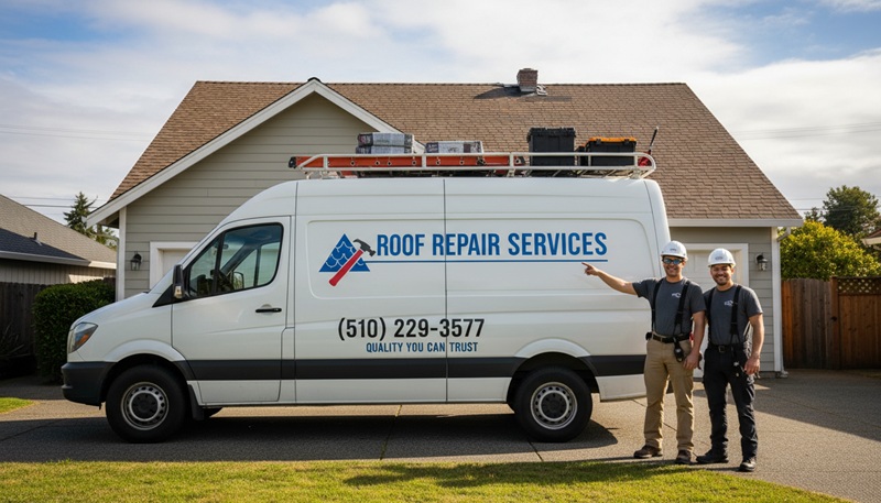 Roof Repair Services work vehicle and team on location in Hayward